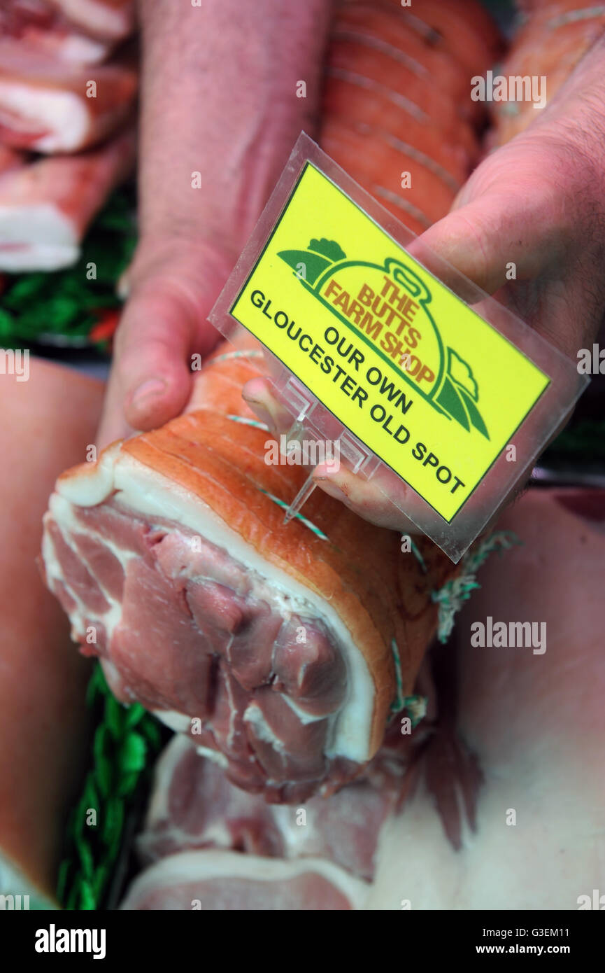 Bacon joints of free range meat in the farm shop at Butts Farm near