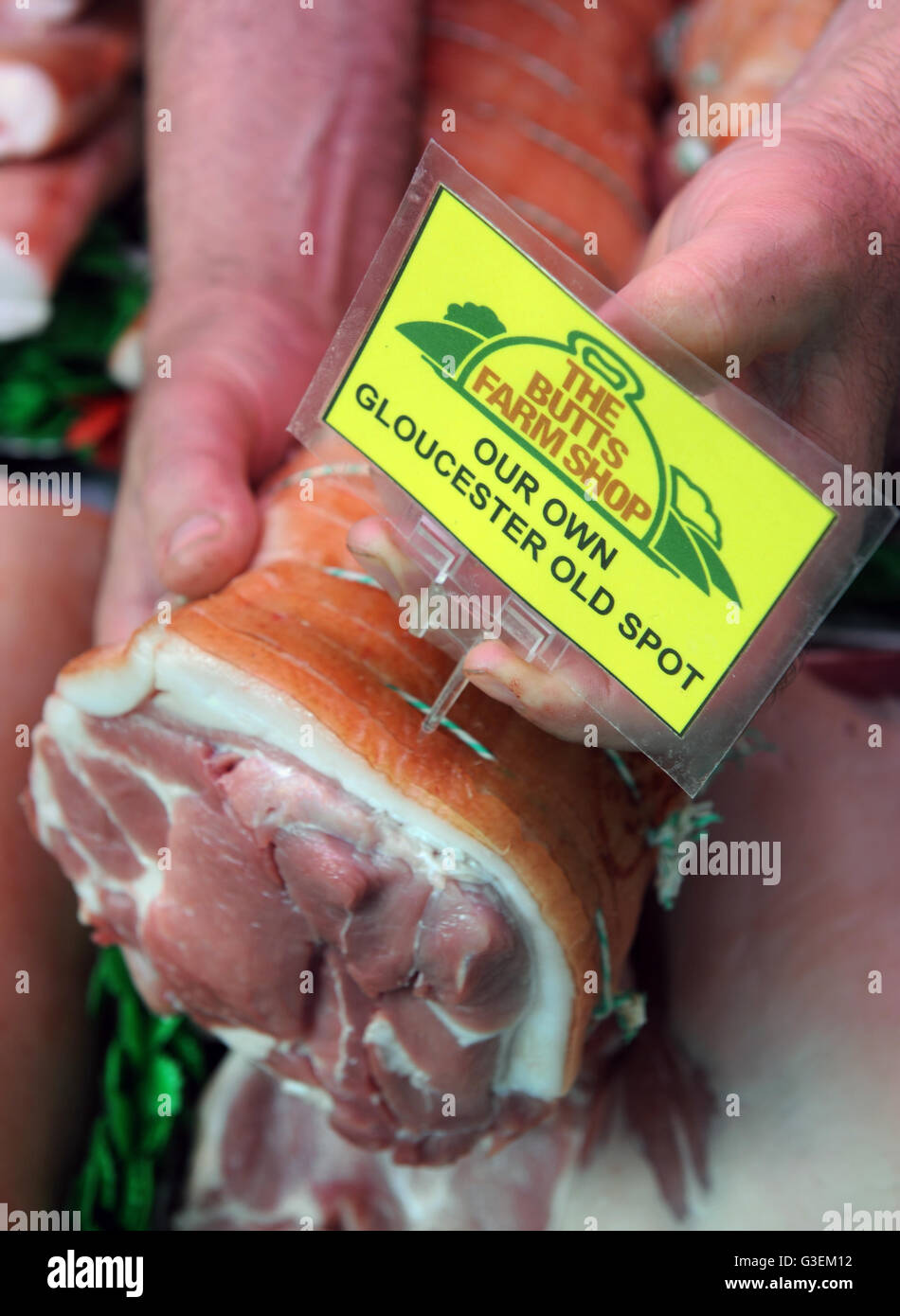 Bacon joints of free range meat in the farm shop at Butts Farm near Cirencester, Gloucestershire