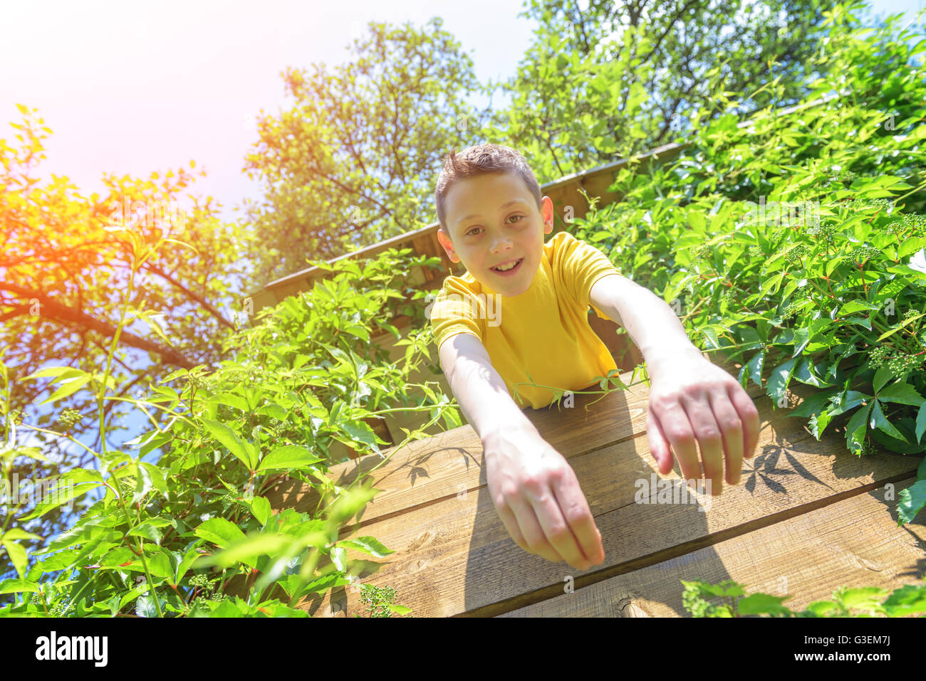 Smiling boy on treehouse. Summer time! Stock Photo