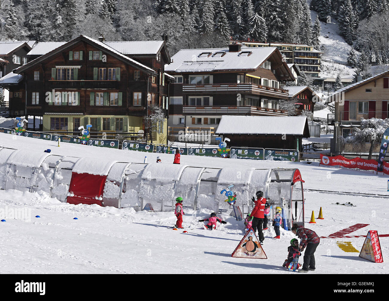 childrens ski school at Wengen Switzerland Stock Photo
