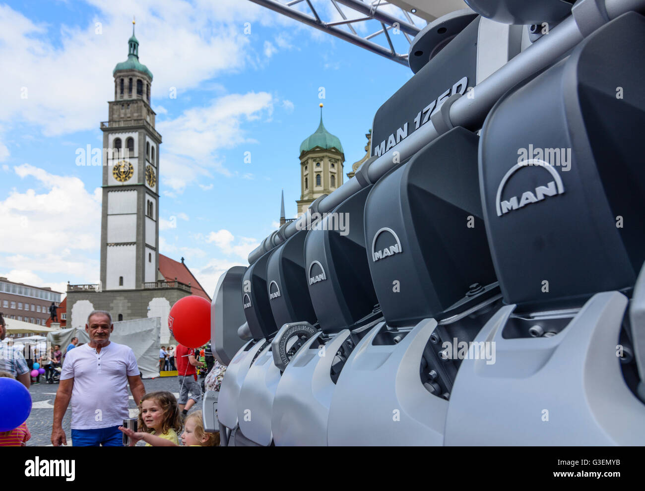 Presentation of MAN marine diesel engine on the town square, Germany, Bayern, Bavaria, Schwaben, Swabia, Augsburg Stock Photo