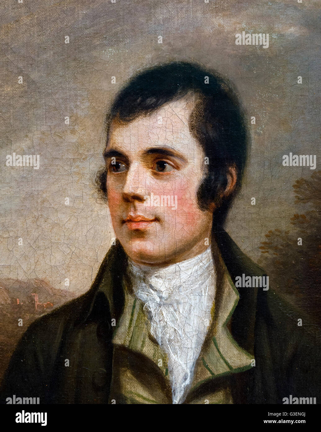 The 18thC Scottish poet, Robert Burns (1759-1796), also known as Rabbie Burns, was a Scottish poet and lyricist, widely regarded as the national poet of Scotland. Portrait by Alexander Nasmyth, oil on canvas, 1787. This image is a detail of a larger painting, G3ENGY. Stock Photo