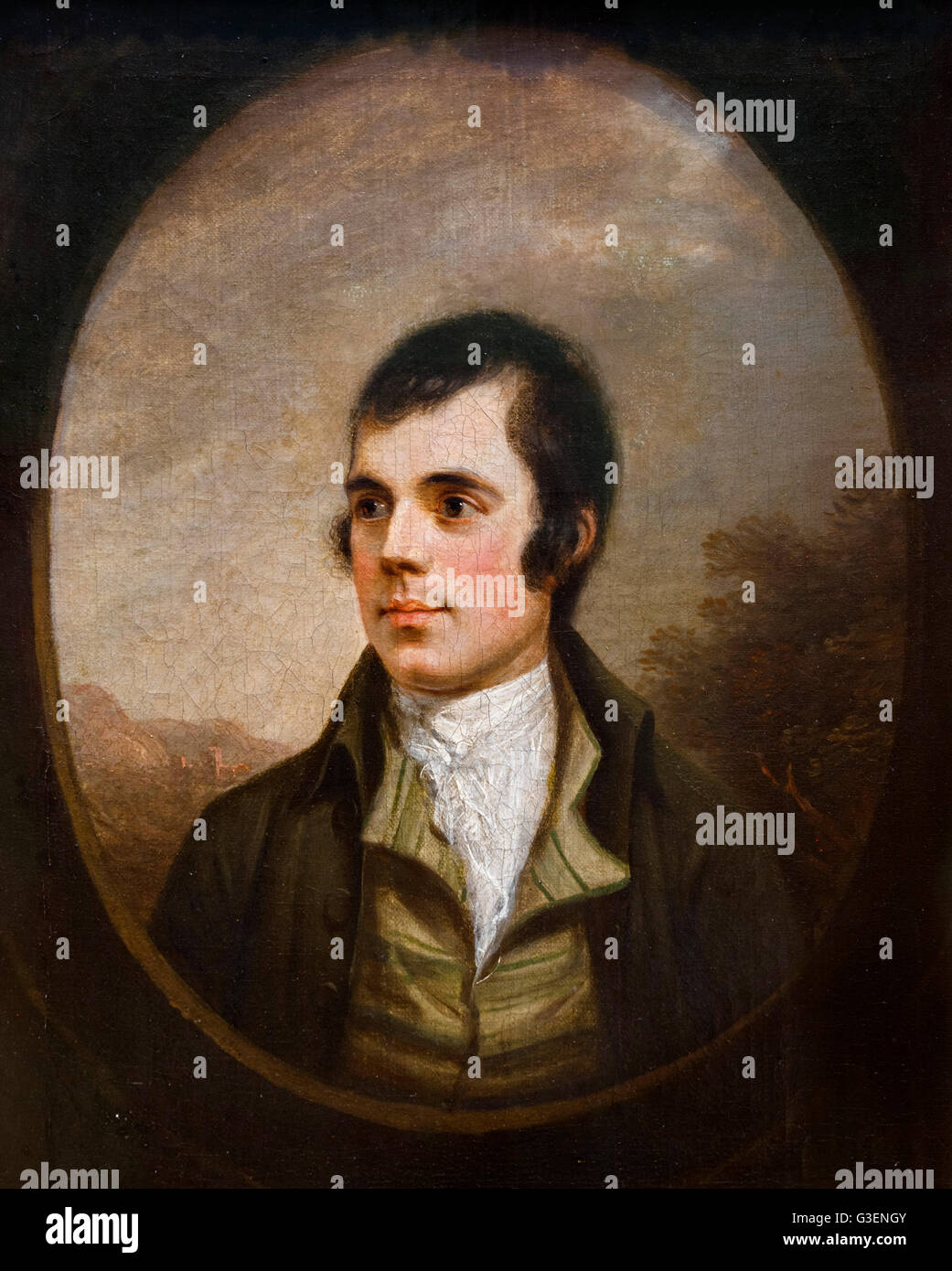 The 18thC Scottish poet, Robert Burns (1759-1796), also known as Rabbie Burns, was a Scottish poet and lyricist, widely regarded as the national poet of Scotland. Portrait by Alexander Nasmyth, oil on canvas, 1787. Stock Photo