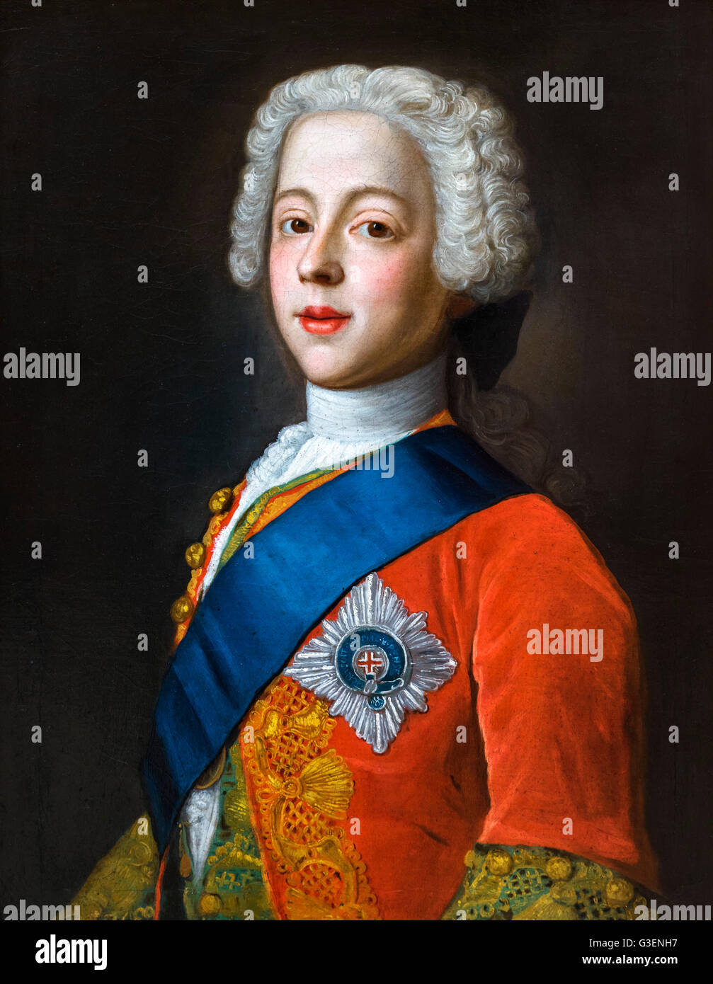 Bonnie Prince Charlie portrait. Prince Charles Edward Stuart (1720- 1788), commonly known as The Young Pretender and subsequently as  Bonnie Prince Charlie, was the second Jacobite pretender to the thrones of England, Scotland and Ireland. Portrait after Jean-Etienne Liotard, oil on canvas, c.1737. Stock Photo