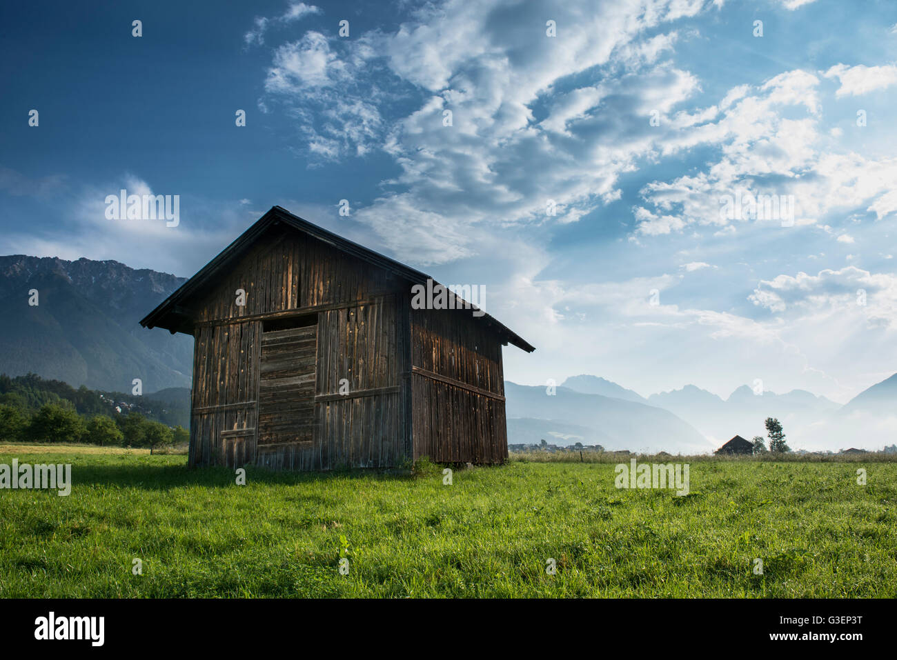 Tyrol Hay Barn at Sunrise Stock Photo