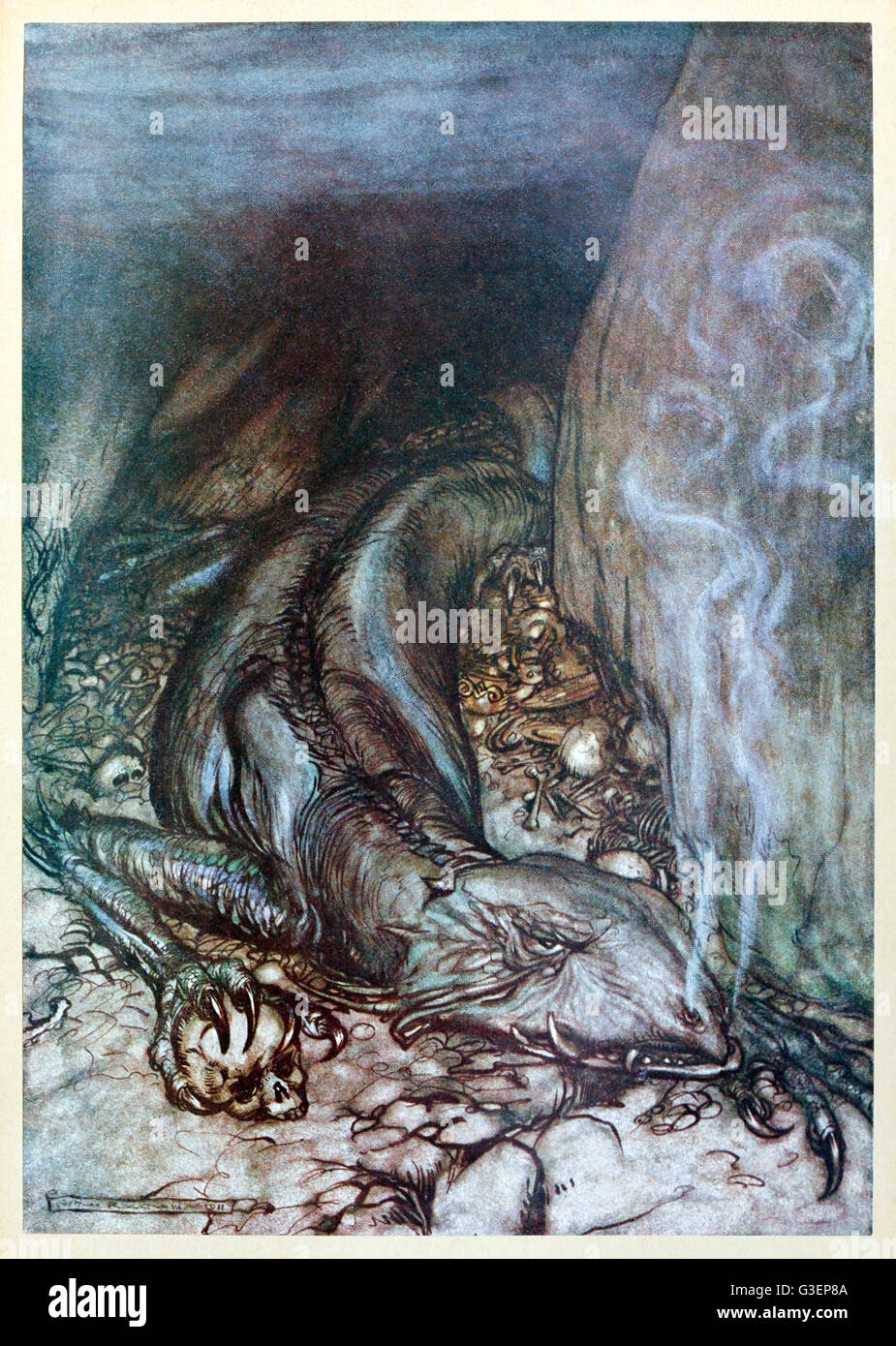 “In dragon’s form Father now watches the hoard” from 'Siegfried & The Twilight of the Gods' illustrated by Arthur Rackham (1867-1939). See description for more information. Stock Photo