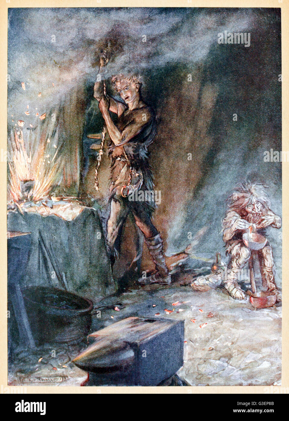 “The forging of Nothung” from 'Siegfried & The Twilight of the Gods' illustrated by Arthur Rackham (1867-1939). See description for more information. Stock Photo