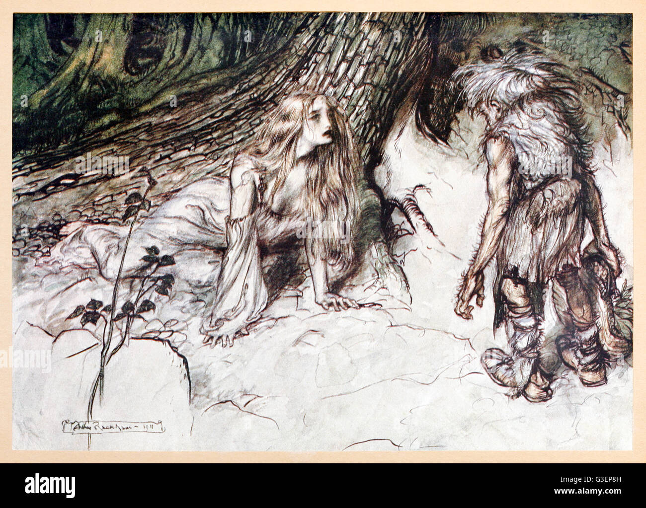 “Mime finds the mother of Siegried in the forest” from 'Siegfried & The Twilight of the Gods' illustrated by Arthur Rackham (1867-1939). See description for more information. Stock Photo