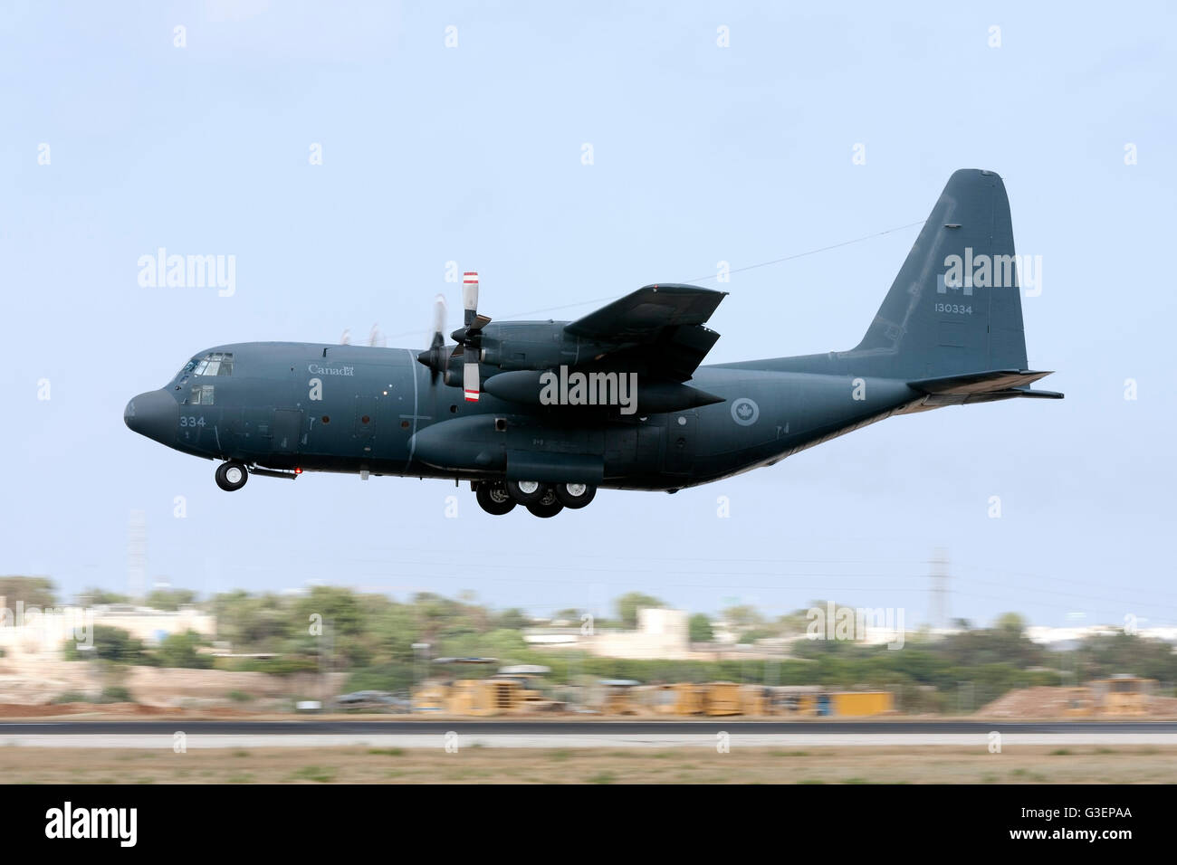 Canadian Air Force Lockheed CC-130H Hercules (C-130H/L-382) landing runway 31 with number 1 engine shut down and propeller feath Stock Photo
