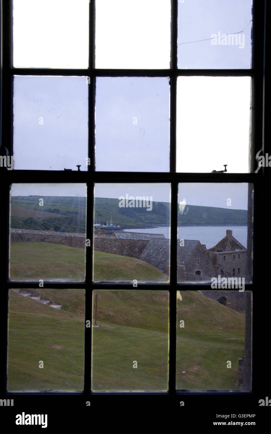 View of Charles Fort Summer Cove, Kinsale harbour through window panes