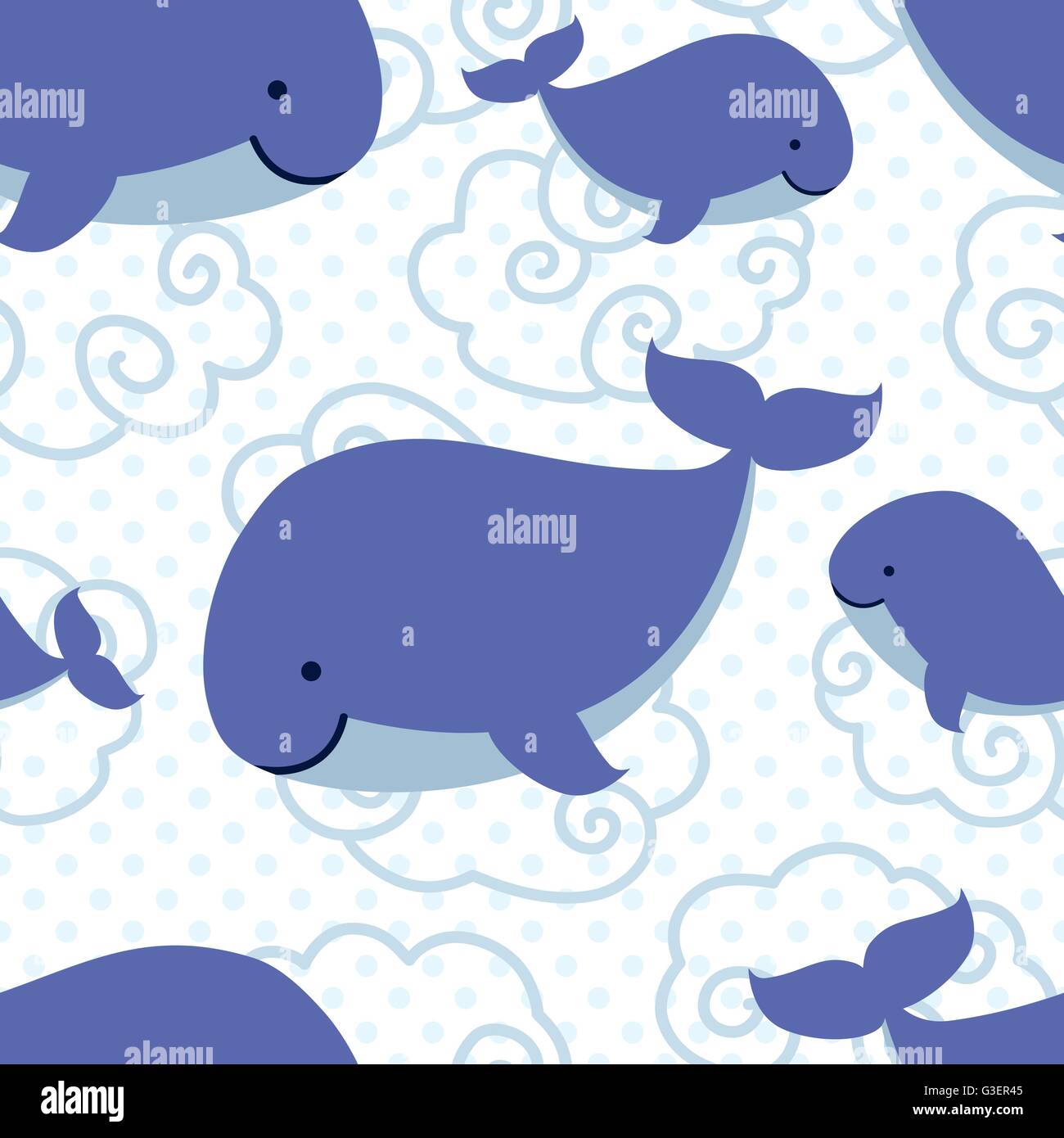 Seamless pattern with cute cartoon whales. Stock Vector