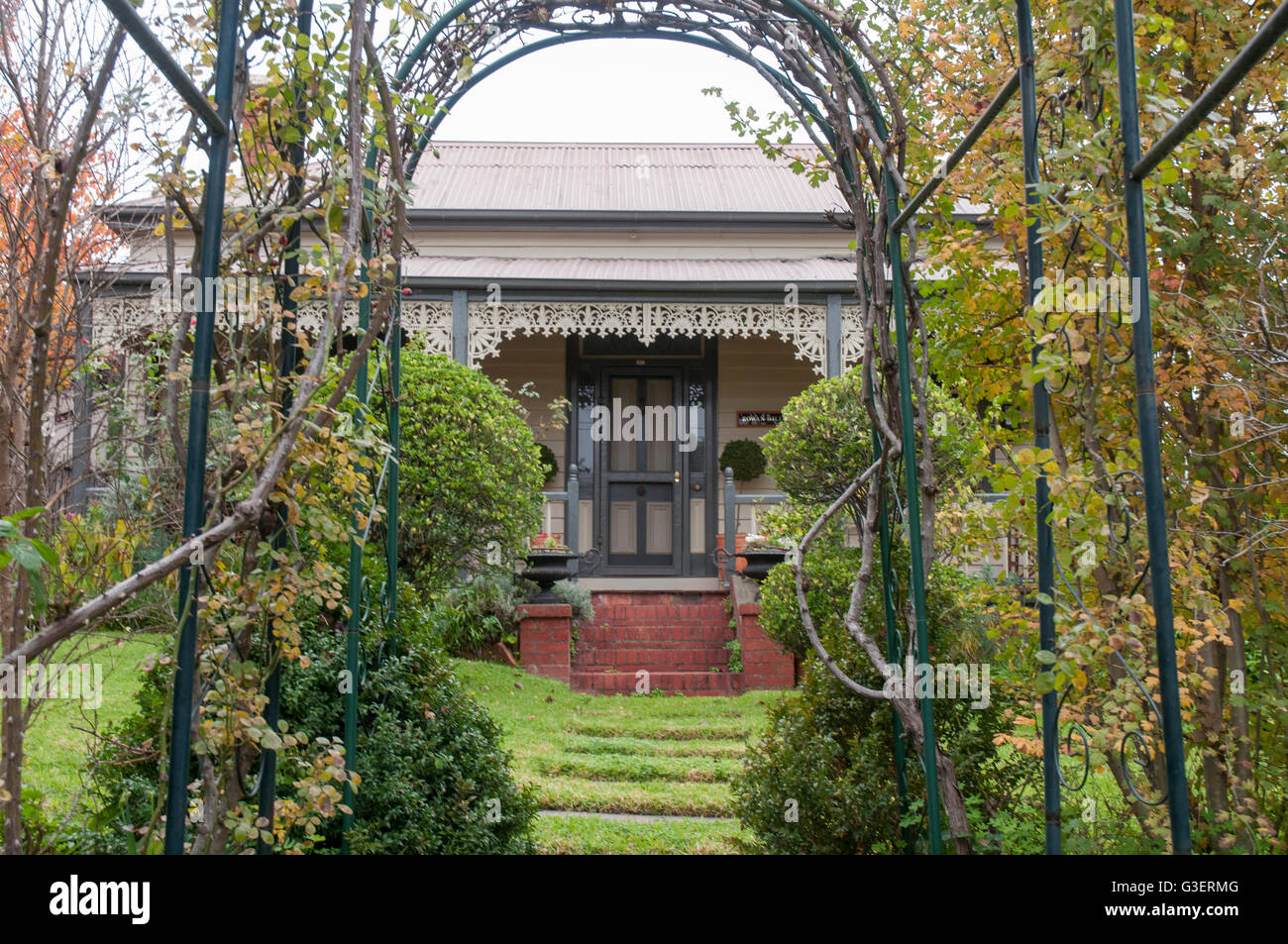 Double-fronted Victorian-era home in a residential street of the goldfields city of Bendigo, central Victoria, Australia Stock Photo