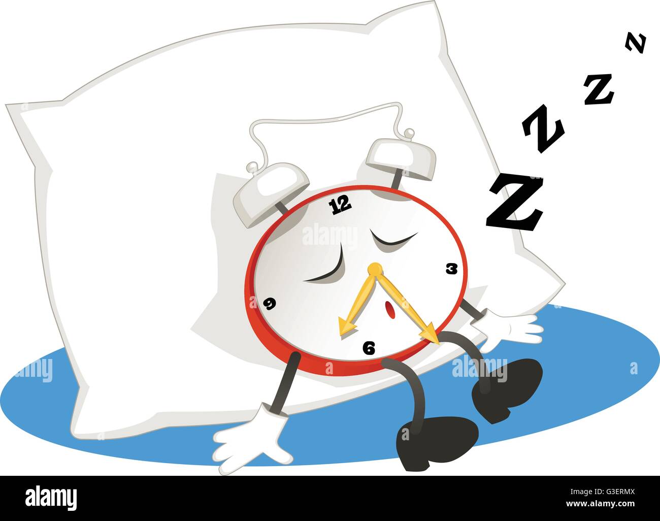 Alarm clock sleeping on a pillow, vector cartoon Stock Vector