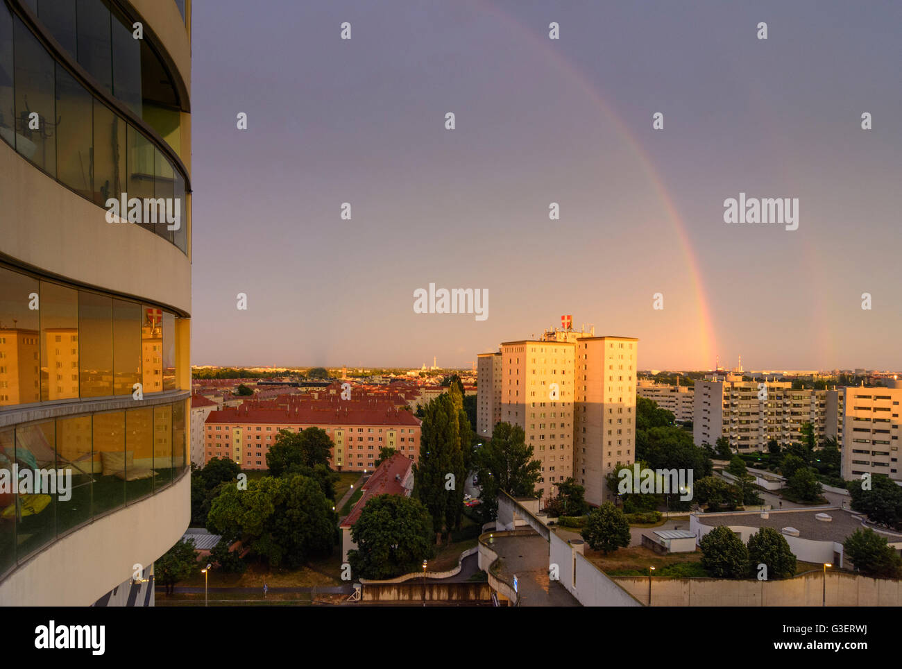 double rainbow over Kaisermühlen from Hochhaus Neue Donau, Austria, Wien, 22., Wien, Vienna Stock Photo