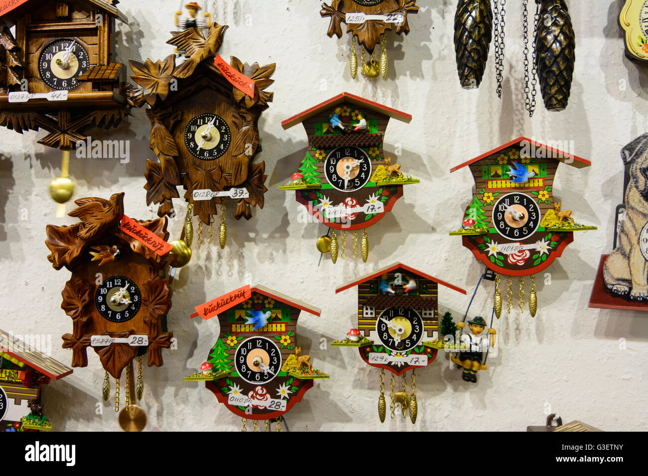Cuckoo clocks, Germany, Baden-Württemberg, Schwarzwald, Black Forest, Titisee-Neustadt Stock Photo