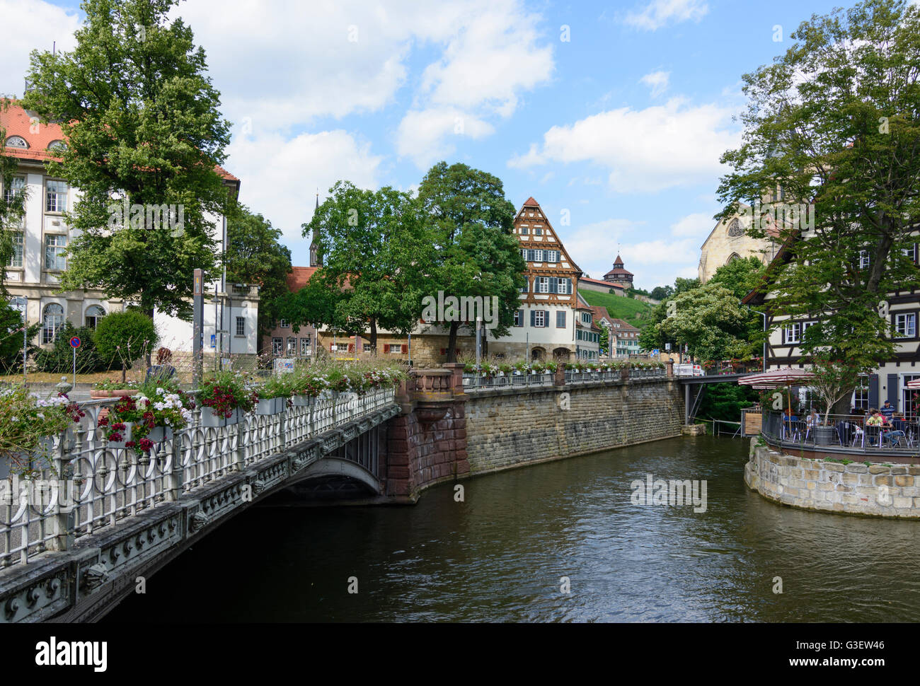 stream Rossneckar with the old carpentry and the City Church St. Dionys, Germany, Baden-Württemberg, Region Stuttgart, Esslingen Stock Photo