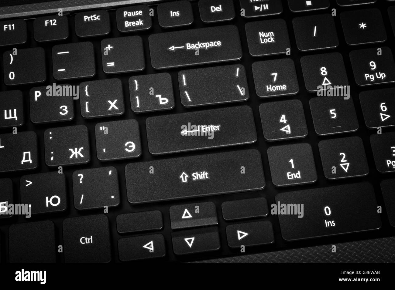 Electronic collection - close-up laptop keyboard with russian letter. The focus on the Enter key. Stock Photo