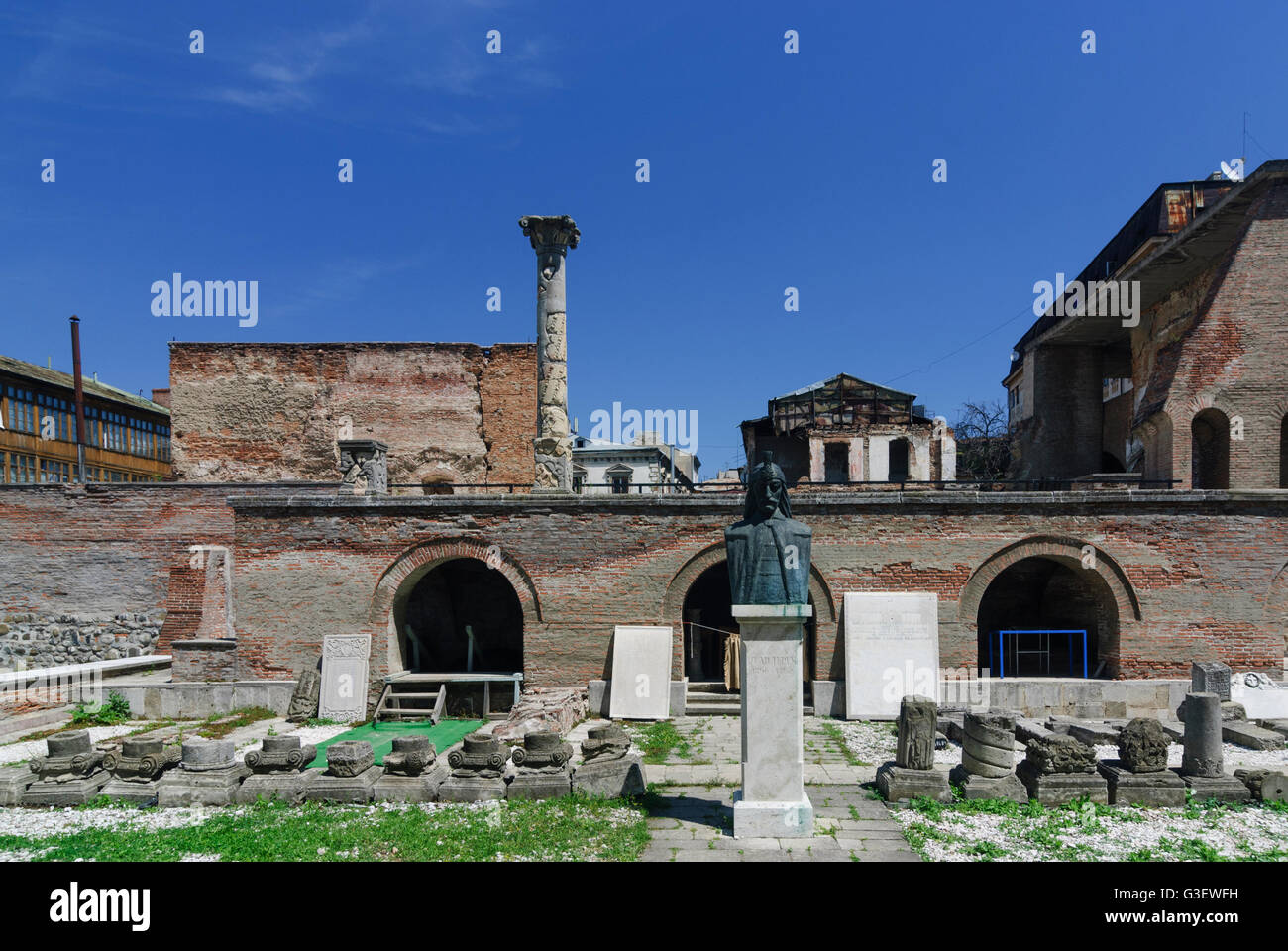 Ruins of the prince's court Curtea Veche (Old Court ) with statue of Vlad III . Dracula ( Vlad Tepes ), Romania Bucharest Bucure Stock Photo