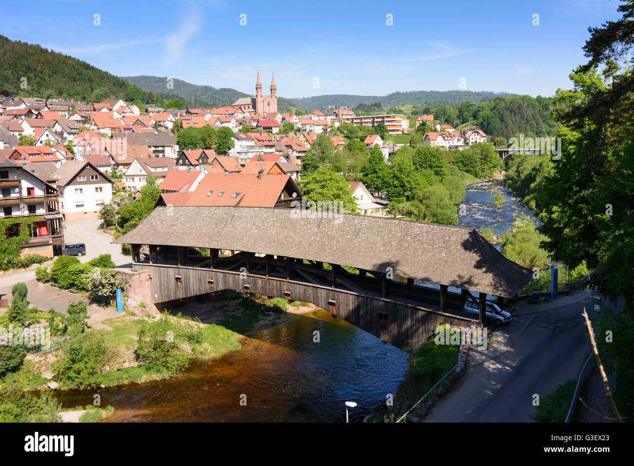 covered wooden bridge over river Murg, Germany, Baden-Württemberg, Schwarzwald, Black Forest, Forbach Stock Photo