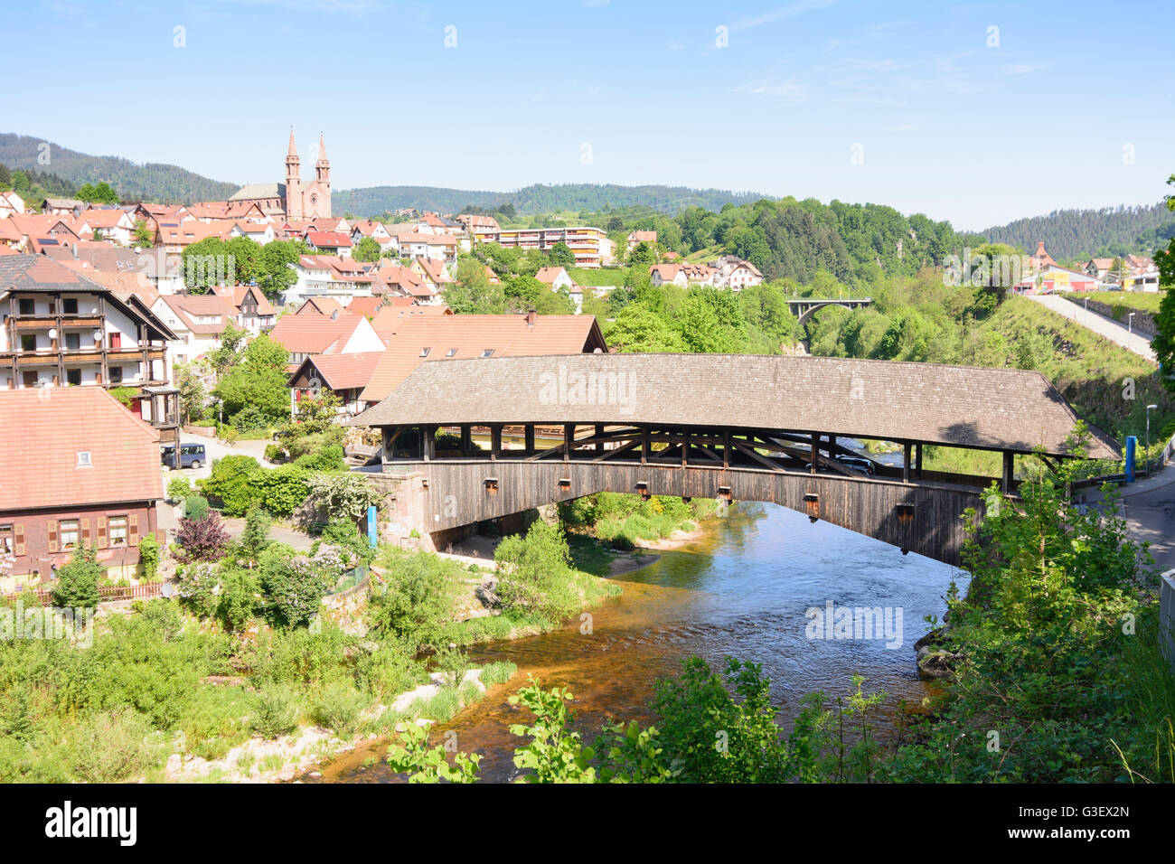 covered wooden bridge over river Murg, Germany, Baden-Württemberg, Schwarzwald, Black Forest, Forbach Stock Photo
