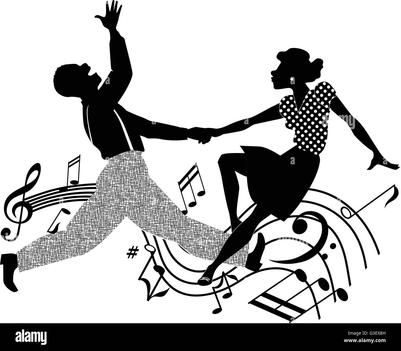 African-American couple dancing swing or rock and roll, black and white vector Stock Vector