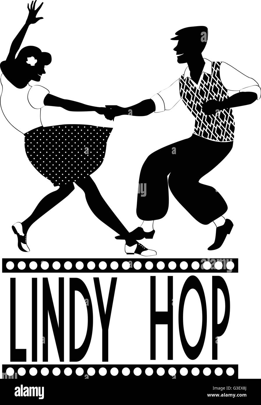 Young couple dressed in late 1940s style clothes dancing lindy hop, black vector silhouette, no white Stock Vector