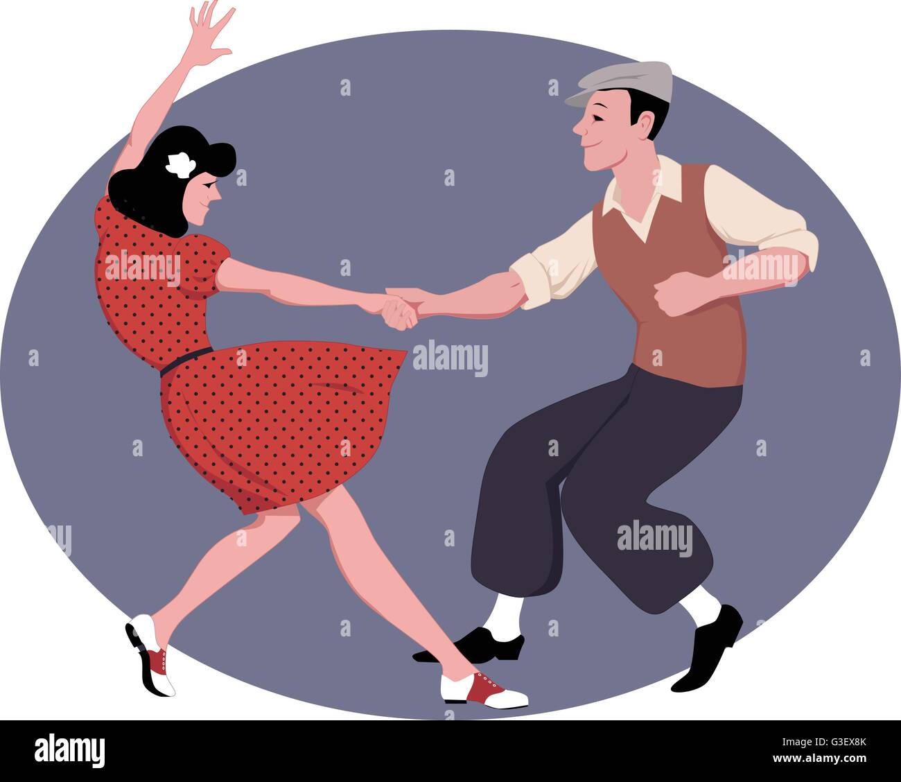 Young couple dressed in late 1940s style clothes dancing lindy hop, vector illustration Stock Vector