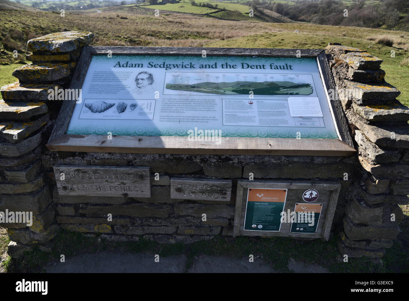 Adam Sedgwick, and the Dent Fault information board, Yorkshire Dales National Park, England UK. Stock Photo