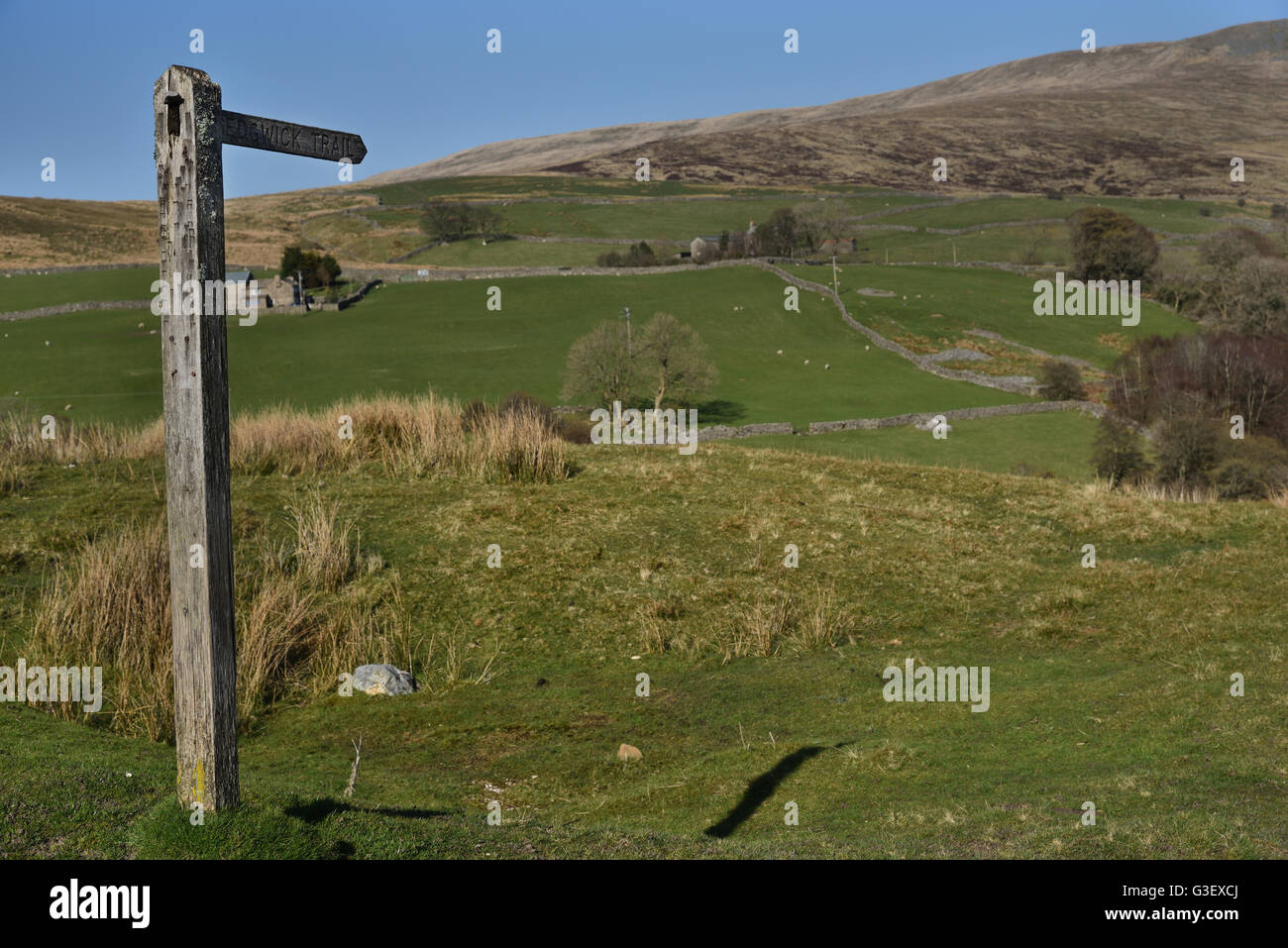 Sedwick trail wooden signpost, Yorkshire Dales National Park, England, UK. Stock Photo