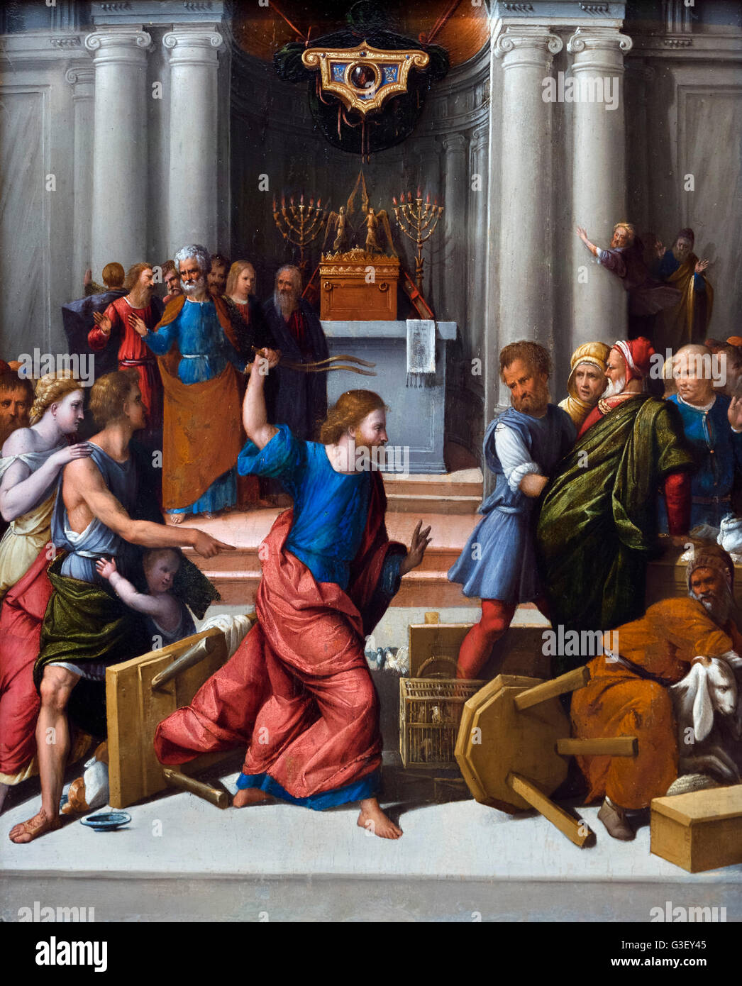 Christ Driving the Money Changers from the Temple by Garofalo (Benvenuto Tisi: 1476-1559), oil on panel, c.1540. Stock Photo