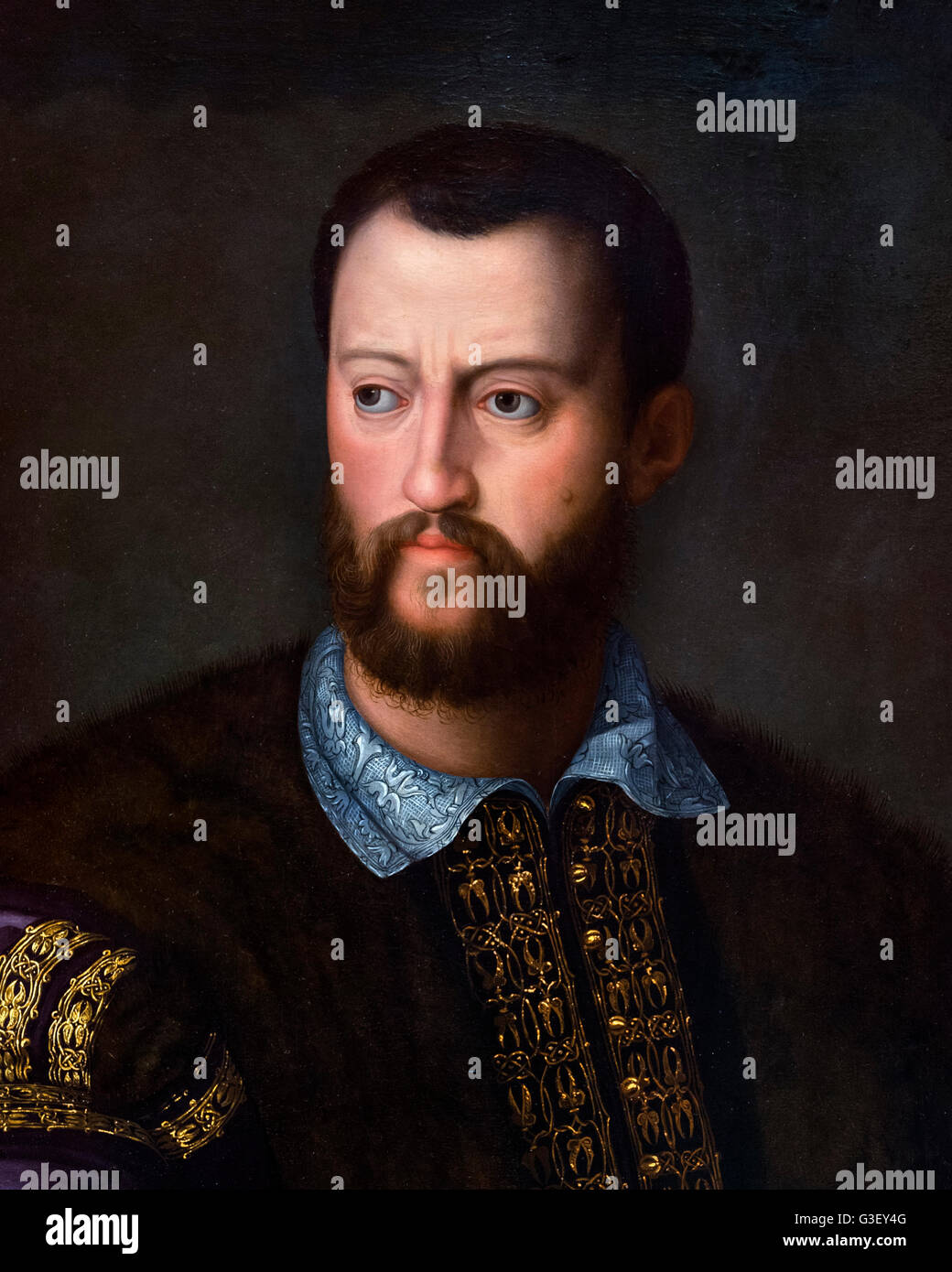 Cosimo I de' Medici (1519-1574), Grand Duke of Tuscany. He is best remembered today for the creation of the Uffizi gallery in Florence. Portrait by Alessandro Allori after a lost original by Bronzino, oil on panel, c.1555-1560. This image is a detail of a larger painting, G3EY58. Stock Photo