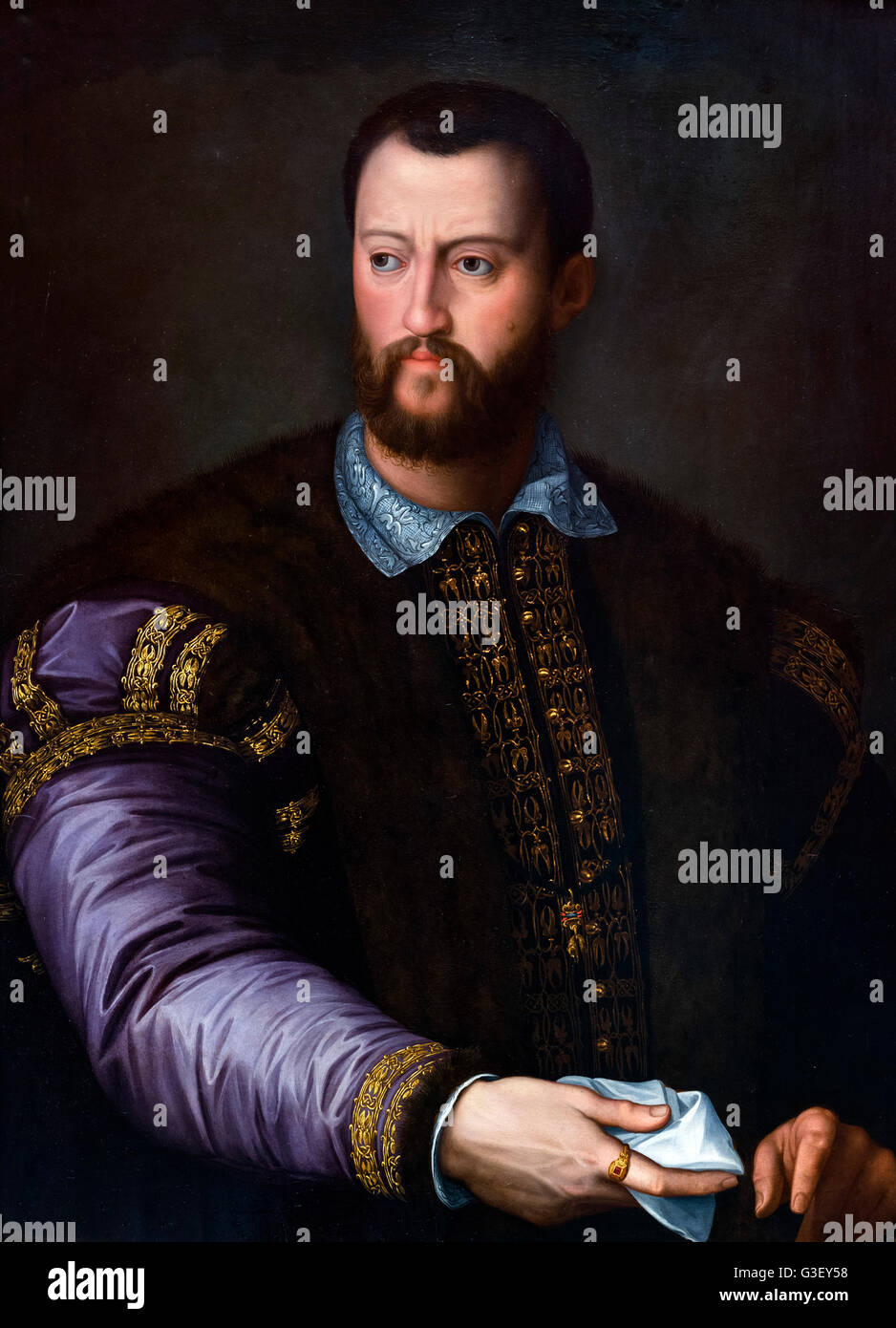 Cosimo I de' Medici (1519-1574), Grand Duke of Tuscany. He is best remembered today for the creation of the Uffizi gallery in Florence. Portrait by Alessandro Allori after a lost original by Bronzino, oil on panel, c.1555-1560 Stock Photo