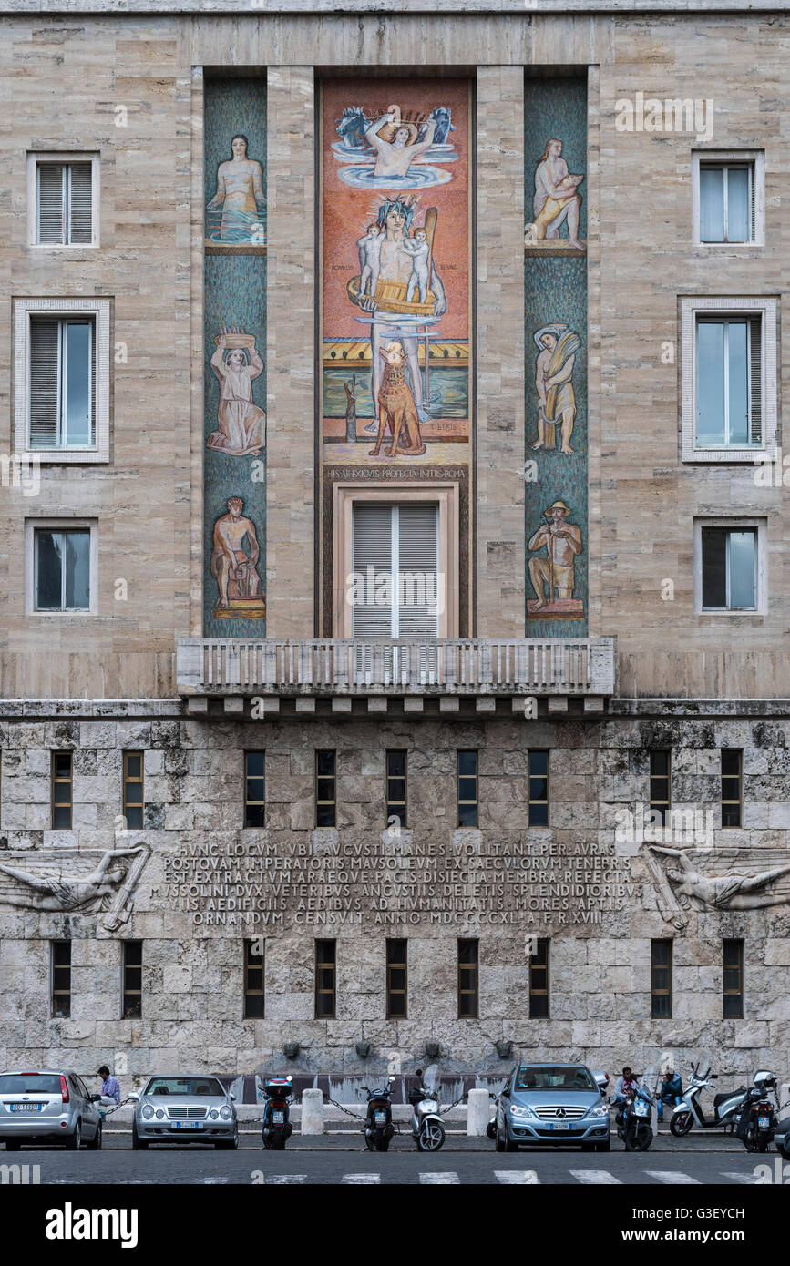 Rome. Italy. Mosaic 'The Myth of Rome', by Ferruccio Ferrazzi on the façade of the former National Institute for Social Security Stock Photo