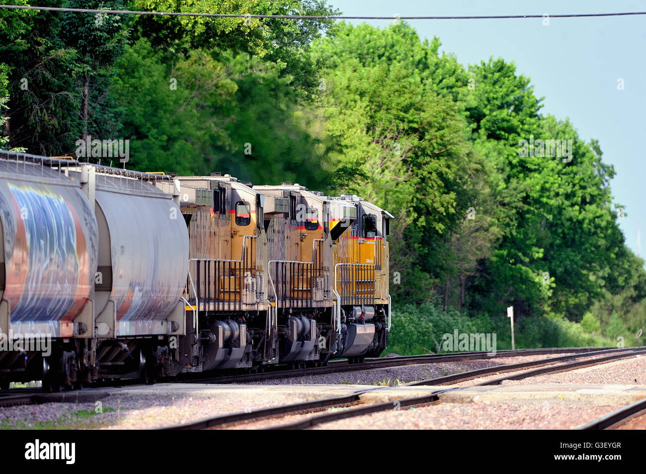 An eastbound Union Pacific freight train headed by three