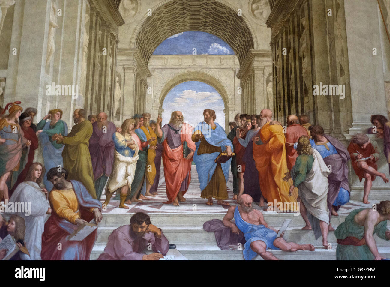Rome. Italy. Detail of Plato (centre left) and Aristotle (centre right) in the School of Athens fresco (1509/11) by Raphael. Stock Photo