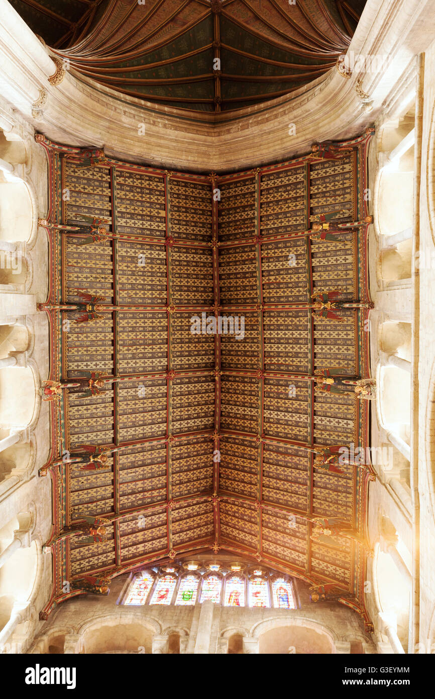 The 15th century hammer-beam roof of the South Transept with flying angels, Ely Cathedral interior, Ely Cambridgeshire UK Stock Photo