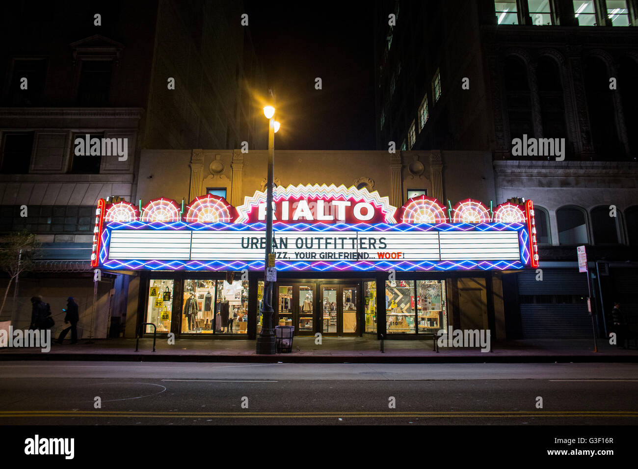 LA Noir: Downtown Los Angeles at Night - Rialto Marquee on Broadway Stock Photo