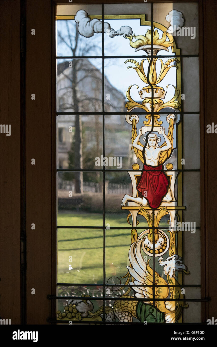 Colourful glass windows at the hotel Kaiserhof Victoria, Bad Kissingen, Franconia, Bavaria, Germany Stock Photo