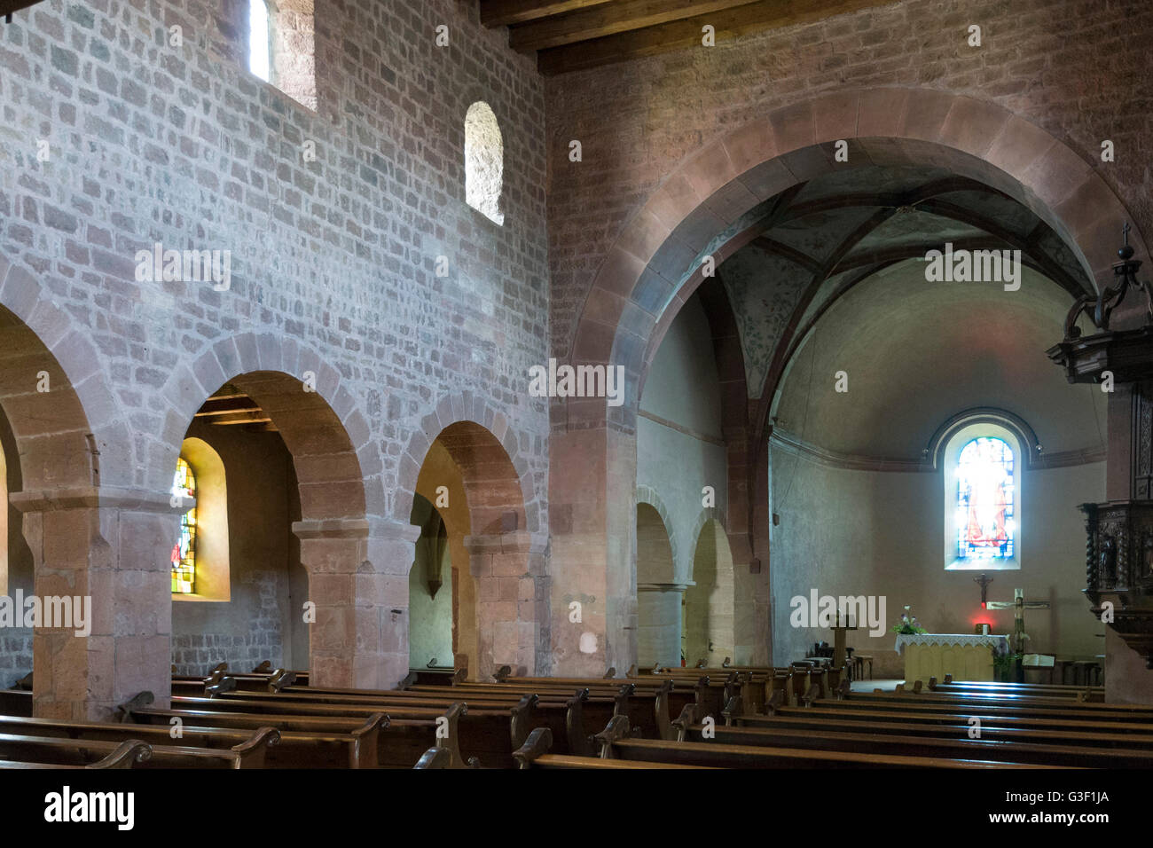 Romanesque church St. Ulrich interior, Altenstadt near Wissembourg, Alsace, France Stock Photo