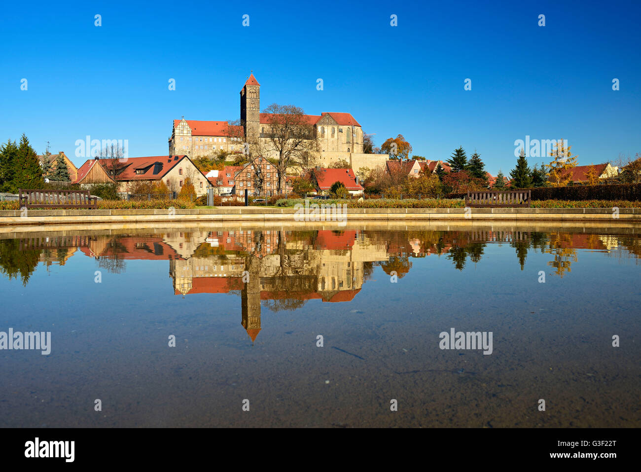 Germany, Saxony-Anhalt, Quedlinburg, castle hill with collegiate church St. Servatius, water reflection, UNESCO world heritage Stock Photo