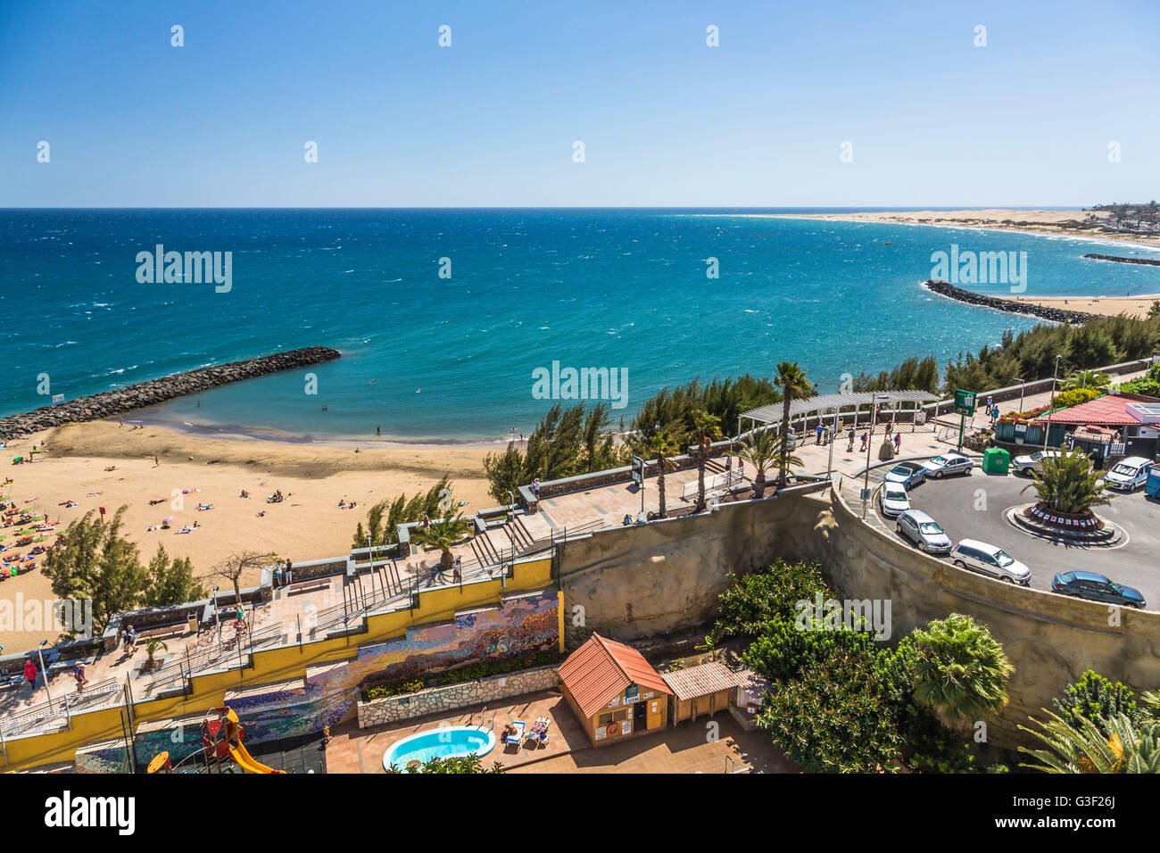 Beach of Playa del Inglés, in the background the dunes of Maspalomas, Gran Canaria, Spain Stock Photo