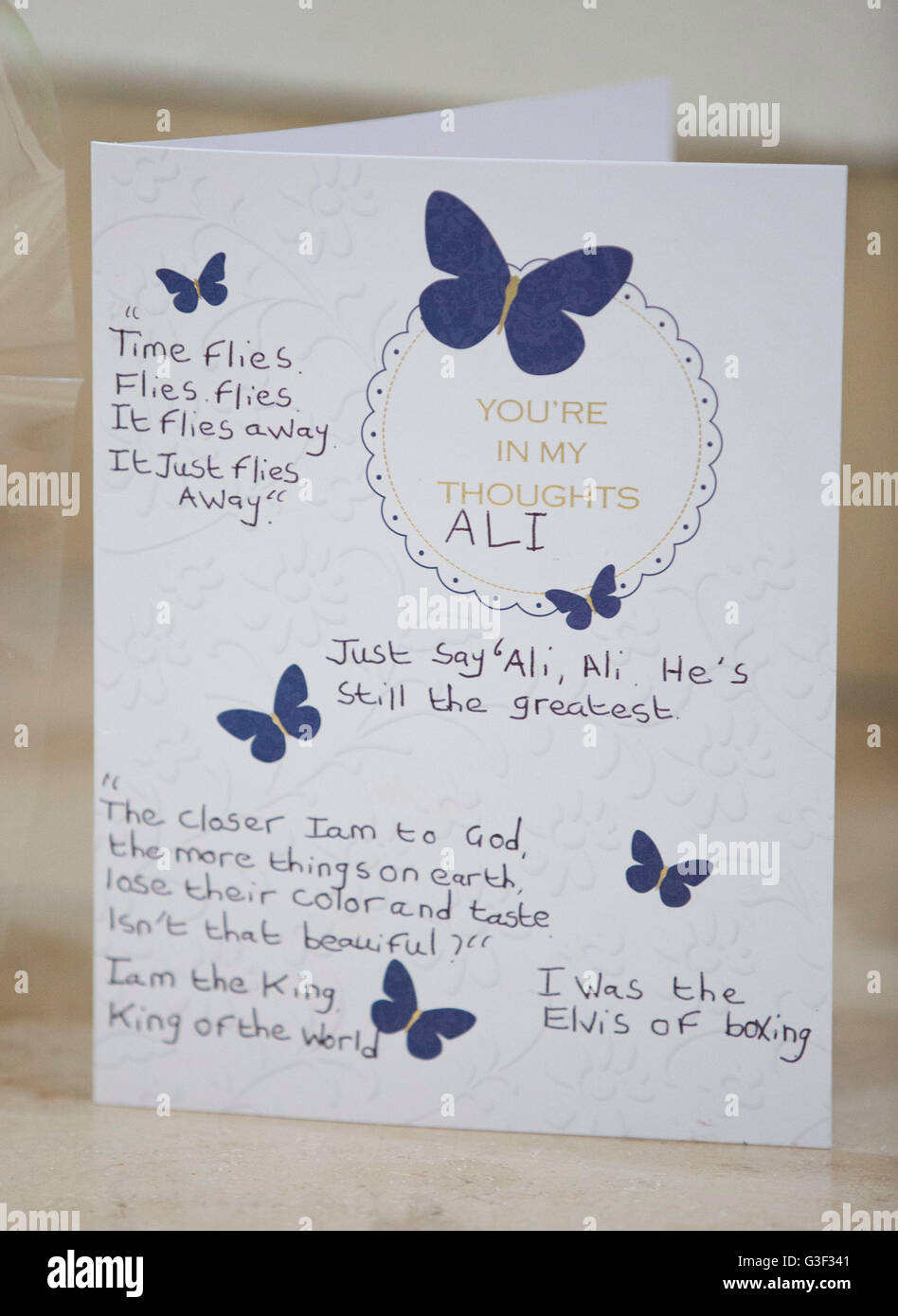 A card left outside the O2 arena in south London, where the I Am The Greatest exhibition is being held, as Alis funeral service will be streamed to the public outside The O2, on giant screens by the main entrance. Stock Photo