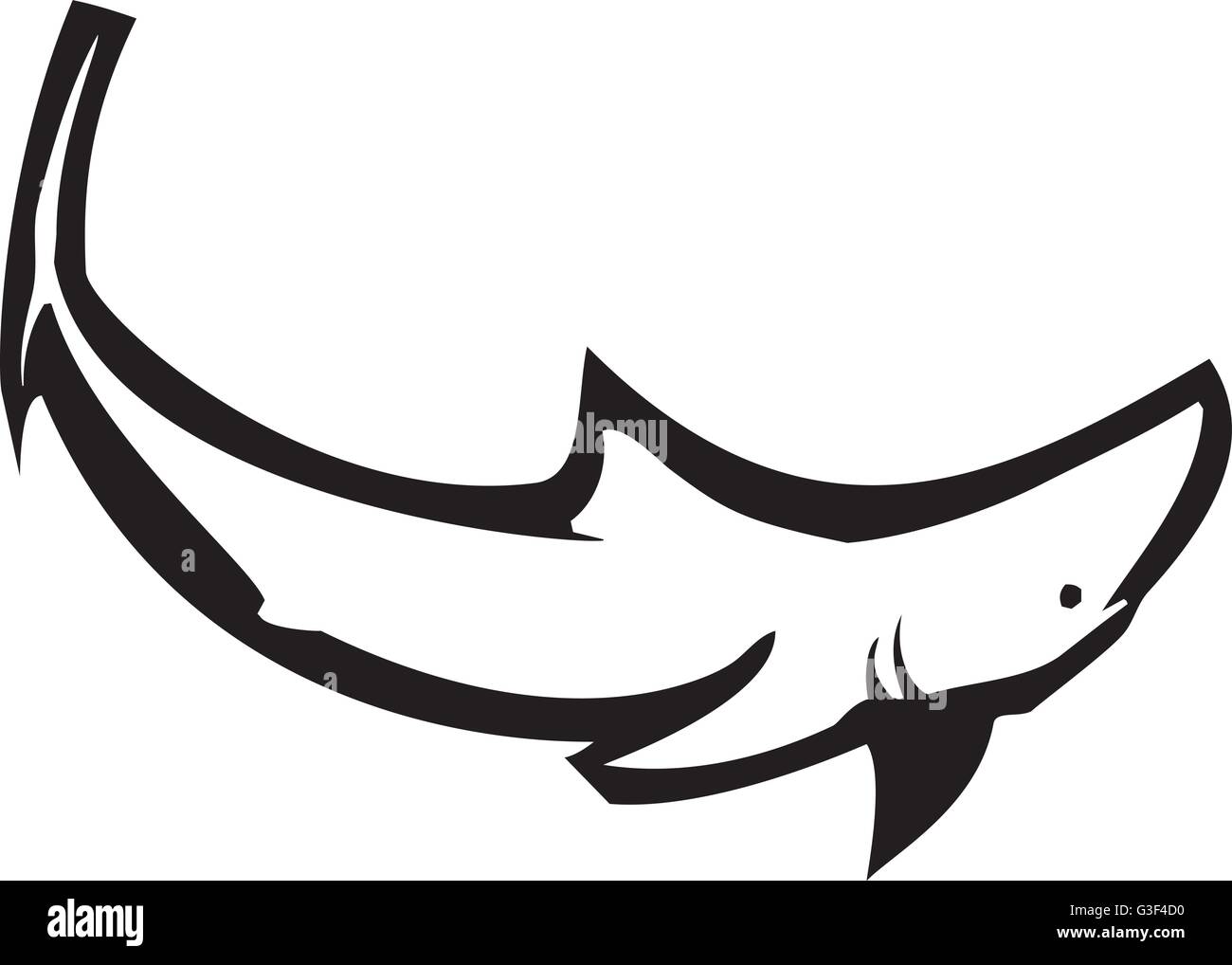 A woodcut style image of a shark swimming alone. Stock Vector