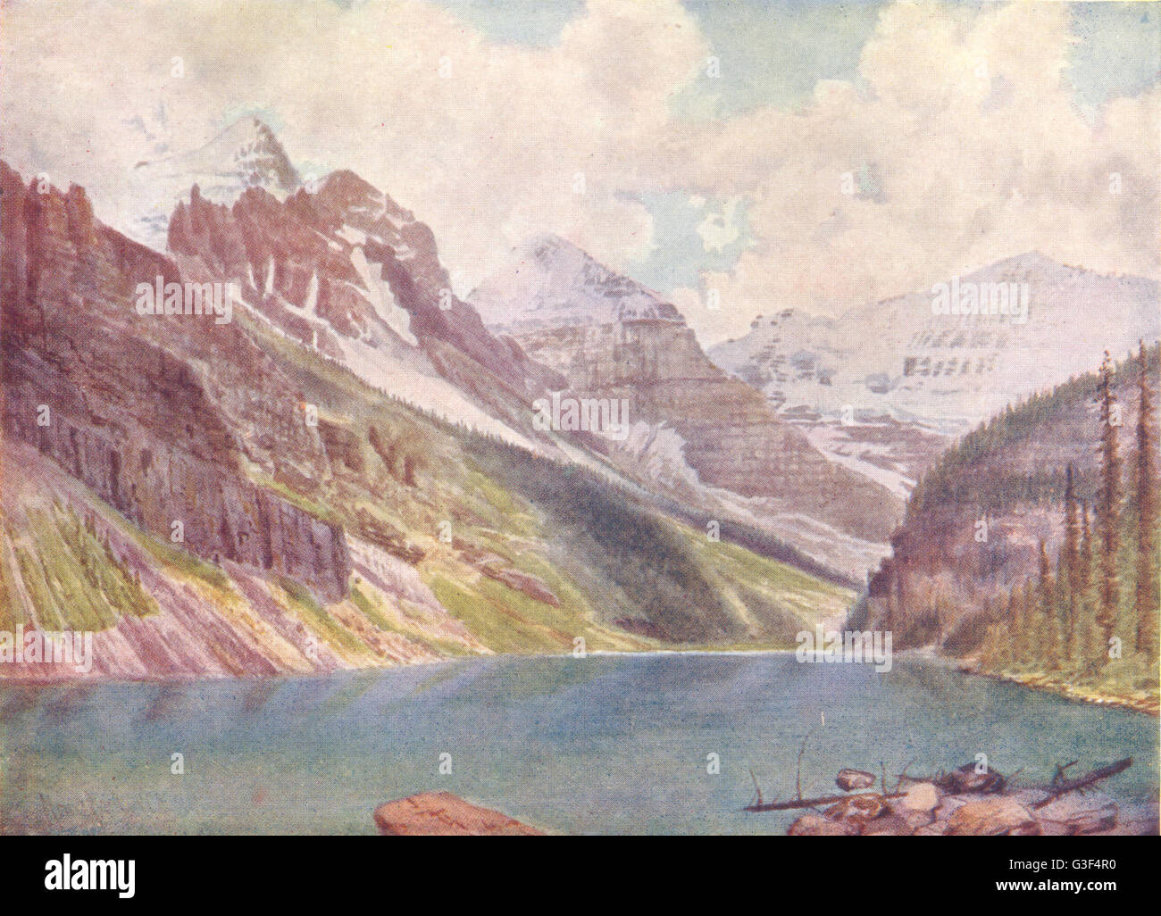 CANADA: Mounts Aberdeen, Lefroy, and Victoria, on Lake Louise, old print 1907 Stock Photo