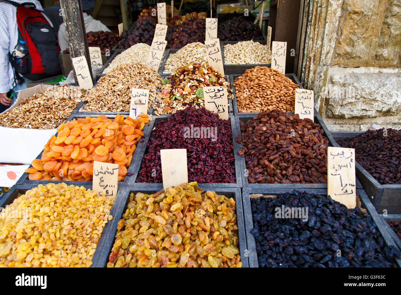 Dried fruits and nuts for sale in downtown Amman, Jordan Stock Photo
