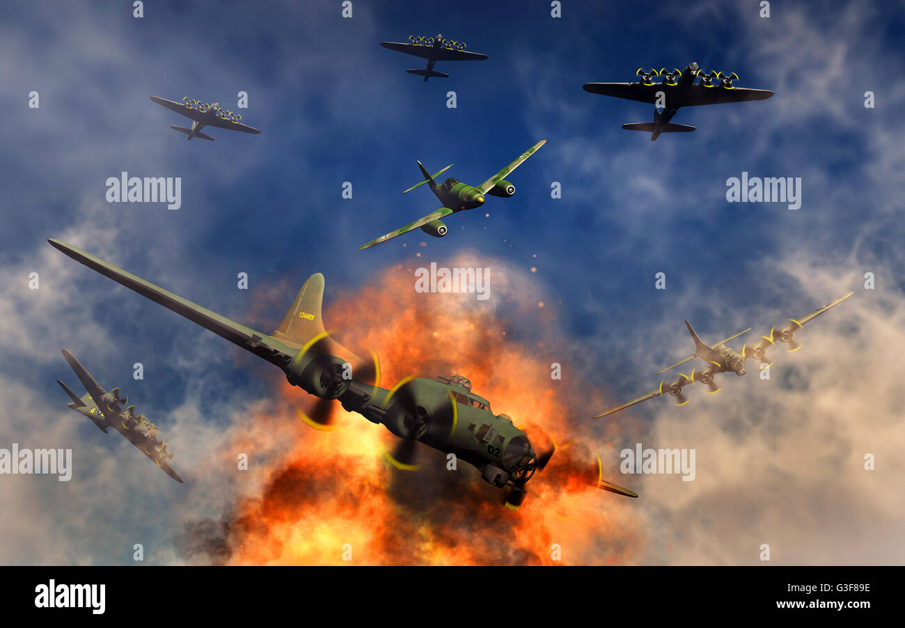 A German Me 262 Attacking An American B-17 Bomber . Stock Photo