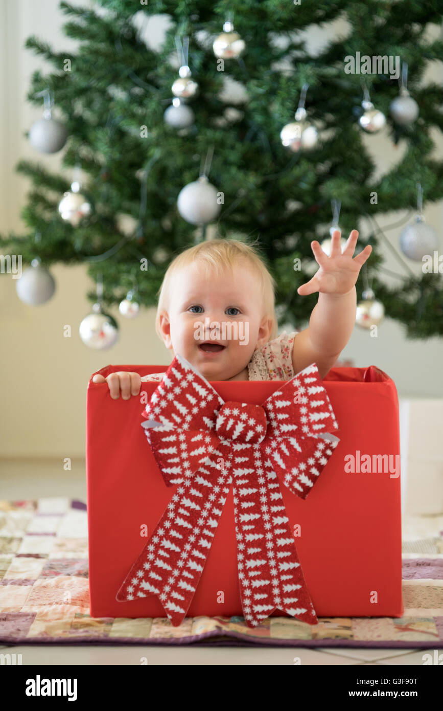 Baby girl in gift box in front of Christmas tree Stock Photo