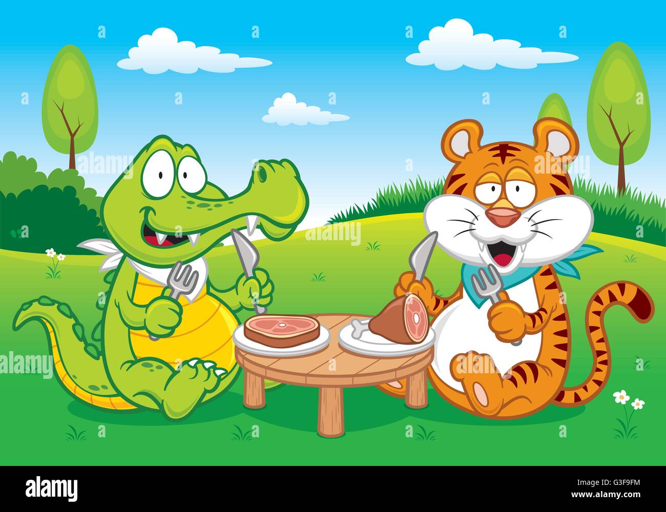Vector illustration of Cartoon crocodile and tiger eating Stock Vector