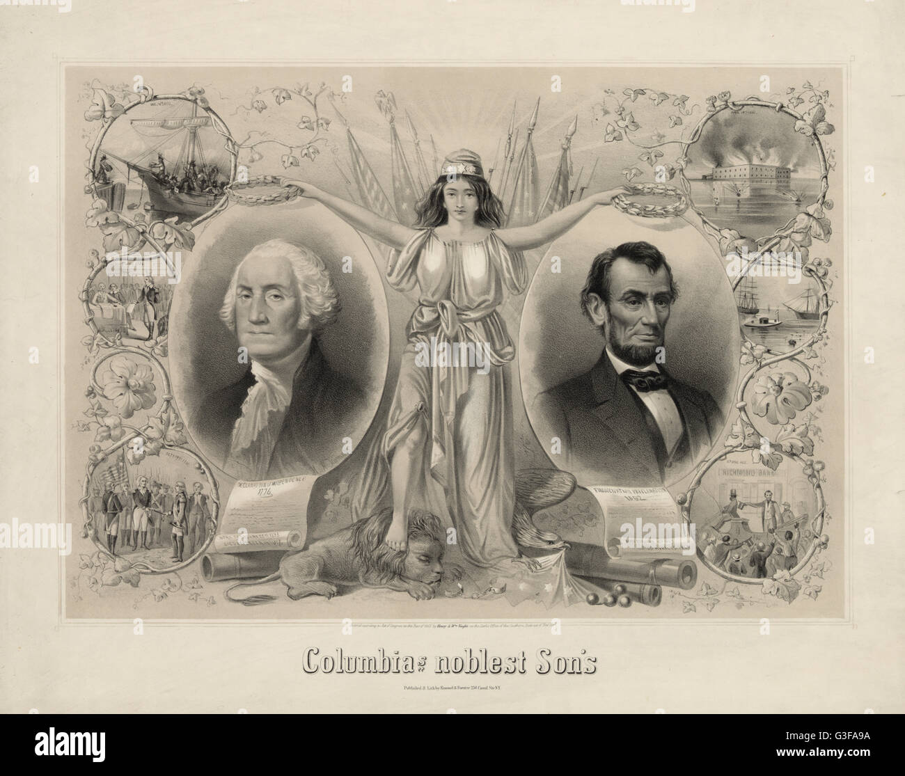 Lithograph made following the assassination of Abraham Lincoln comparing Lincoln to George Washington. Stock Photo