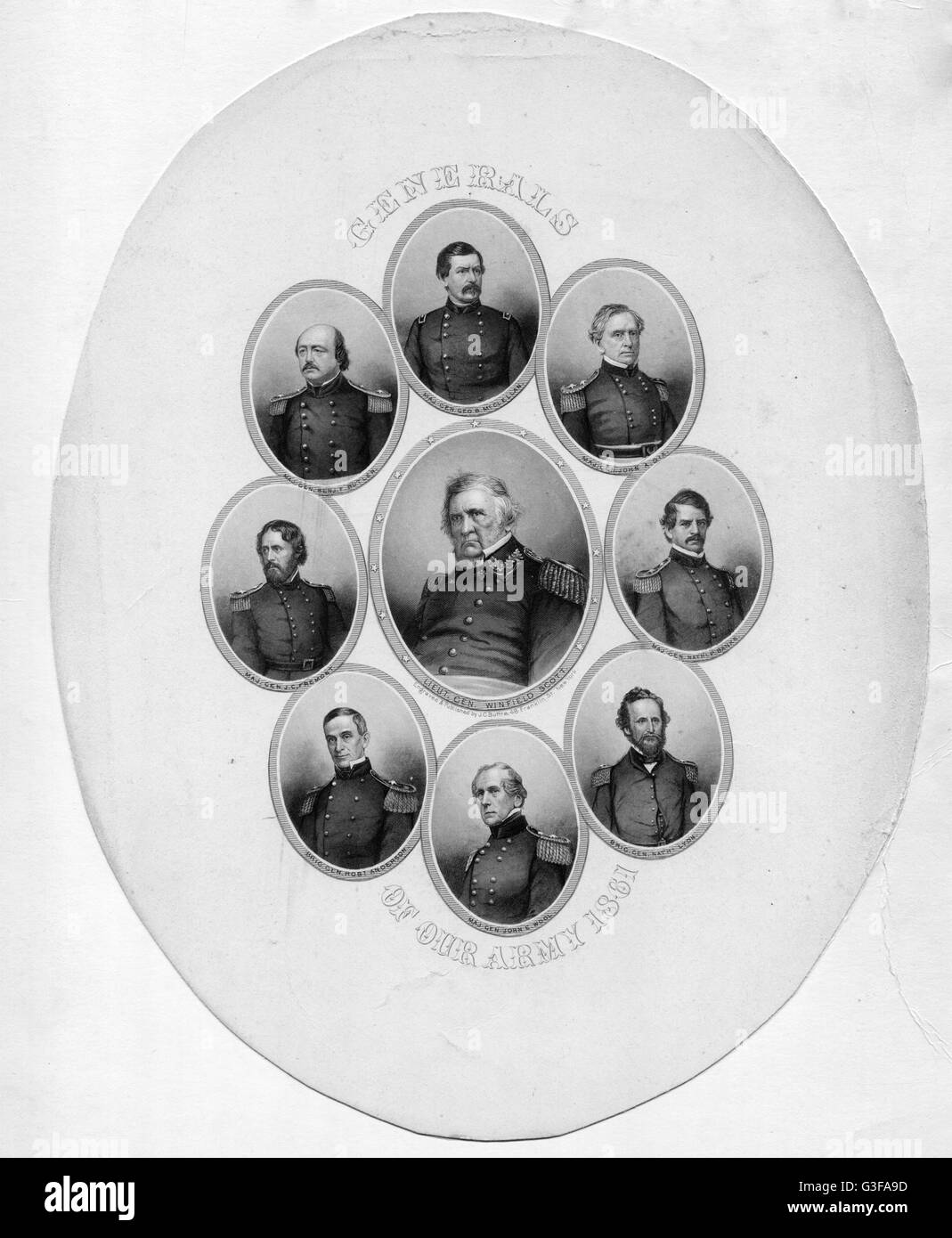 Generals of the Union Army - Clockwise, from top: McClellan, Dix, Banks, Lyon, Wool, Anderson, Fremont, Butler. Center: Winfield Scott. Stock Photo